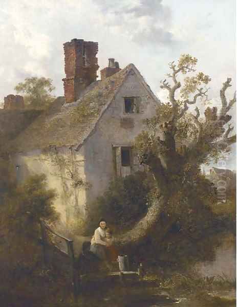 Children before a riverside cottage - view 1