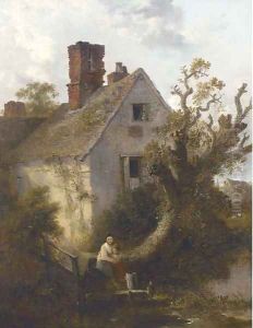Children before a riverside cottage by Edward Robert Smythe