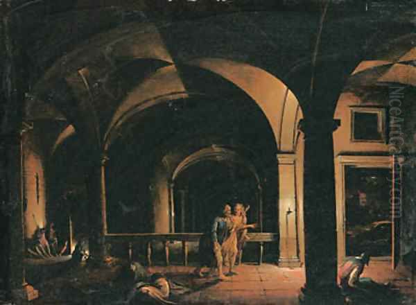 The Interior of a Crypt with the Liberation of Saint Peter, an open door leading to a moonlit landscape beyond - view 1