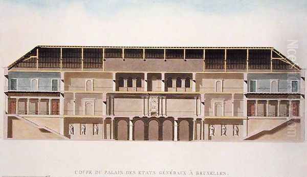 Cross Section of the Palais des Etats Generaux, Brussels, from Choix des Monuments, Edifices et Maisons les plus remarquables du Royaume des Pays-Bas by Pierre Jacques Goetghebuer, published 1827 - view 1