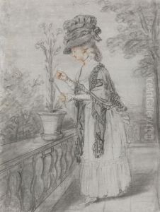 Lady on a Terrace Tending a Carnation Plant by John Raphael Smith
