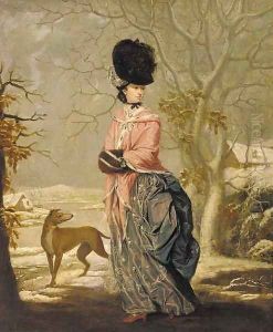 Winter, Portrait of a lady, full-length, in a blue dress with pink wrap and black hat, in a landscape with a dog by John Raphael Smith