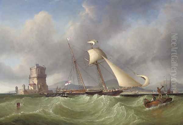 Lord Belfast's yacht Emily hove-to for her owner to come aboard, off the Belem Tower, at the mouth of the Tagus, Lisbon - view 1