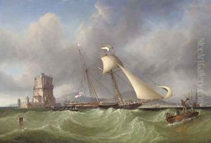 Lord Belfast's yacht Emily hove-to for her owner to come aboard, off the Belem Tower, at the mouth of the Tagus, Lisbon by John Christian Schetky