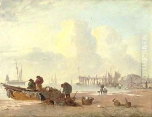 A coastal scene with fisherfolk in the foreground by Alfred Stannard