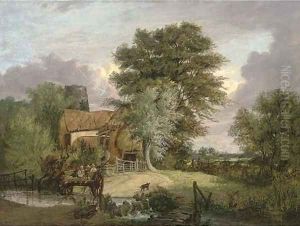 A wooded landscape with figures in a cart crossing a ford, a cottage and ruined tower beyond
