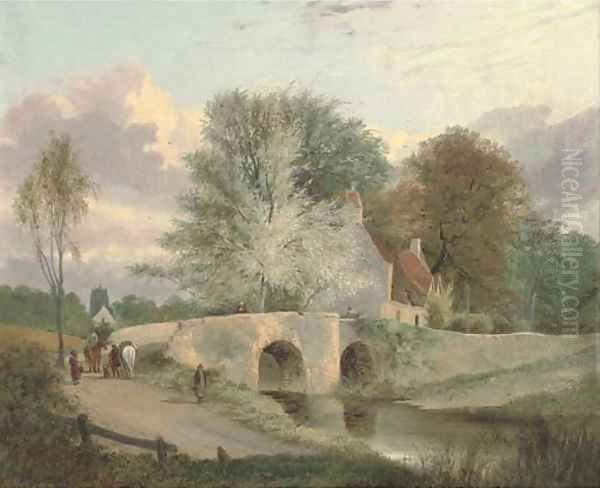 Figures on a bridge with a cottage beyond - view 1