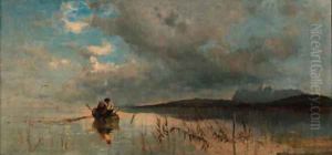 Two boys fishing in a lake landscape by Robert Schleich
