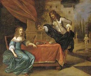 An elegant courting couple in a garden by Carel van Savoy