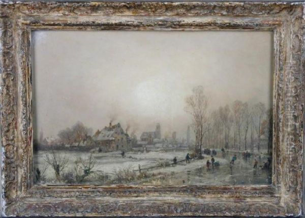 A Winter Scene With Skaters And Buildings Beyond - view 1