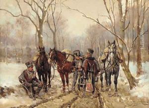 French hussars in a winter landscape by Guido Sigriste