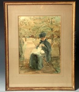 A Lady Seated And Sewing In A Garden Setting by Alfred Sisley