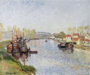 Chalands Sur Le Loing - Le Loing A Saint-mammes by Alfred Sisley