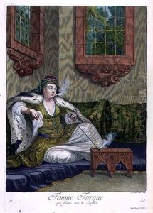 Turkish woman, smoking on the sofa, 18th century by Gerard Jean Baptiste Scotin