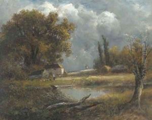 A figure feeding the chickens by a pond in a wooded landscape by English School