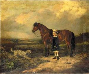 A Girl with her Favourite Pony and Dog in a landscape by English School