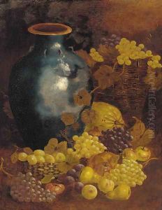 An earthenware vase, grapes on the vine in a basket and apples and pears by English School