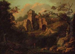 A ruined castle in a wooded landscape, figures in the foreground by English School