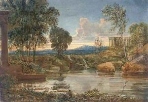 Classical ruins by a lake in an extensive landscape