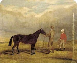 A brown racehorse with jockey and groom