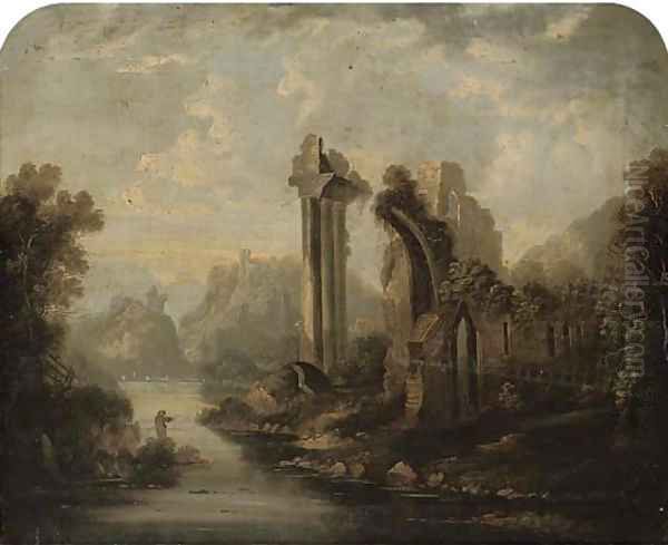 A figure fishing by some classical ruins - view 1