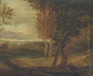 An extensive landscape with a lake, and a manor in the distance by English School