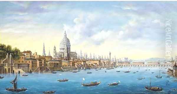 Panoramic view of London and the Thames with Somerset House, St. Paul's Cathedral, the Tower of London and old Blackfriars bridge - view 1