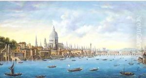 Panoramic view of London and the Thames with Somerset House, St. Paul's Cathedral, the Tower of London and old Blackfriars bridge by English School
