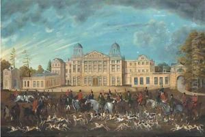 The meet of the Duke of Beaufort's hounds at Badminton by English School