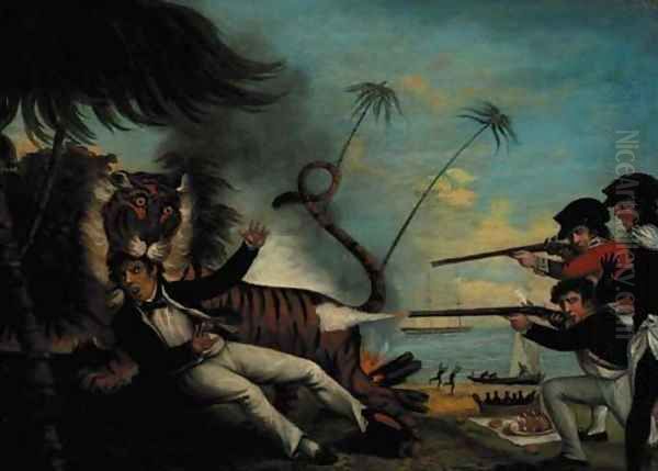 A tiger attacking a sailor on a tropical island - view 1