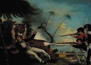 A tiger attacking a sailor on a tropical island by English School