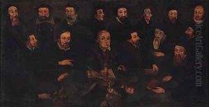 Allegory with Martin Luther surrounded by Beza, Calvin, Melanchton and other Protestant Leaders, gathered round a Table