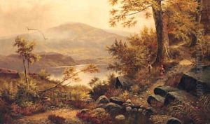 Children On A Wooded Path In A Mountainous Lake Landscape