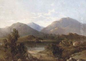 Figures before a lake in a mountainous landscape