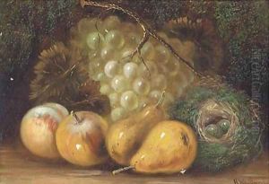 Grapes, apples, pears and a bird's nest on a mossy back; and Another similar