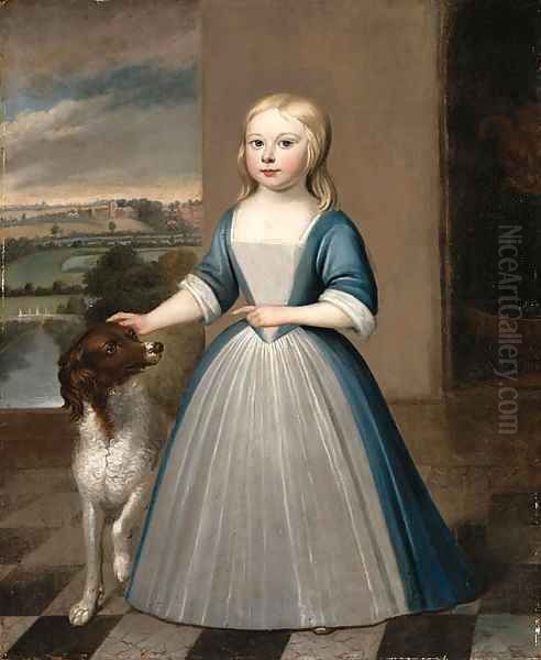 Portrait of a Girl, standing full length, in a blue and white dress with a dog on a terrace - view 1
