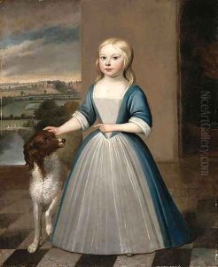 Portrait of a Girl, standing full length, in a blue and white dress with a dog on a terrace by English School