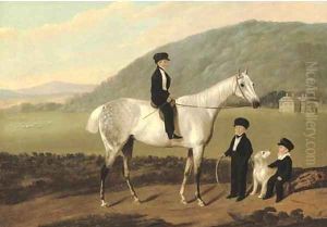 Three boys, one on a horse, in the grounds of a country house by English School