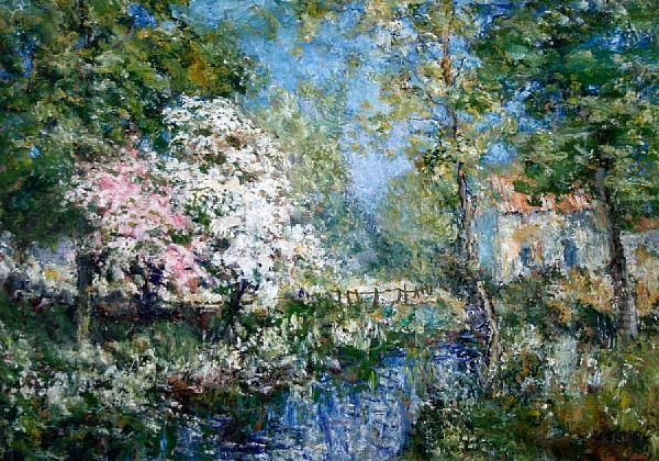 Woodland Stream With Blossom Trees - view 1