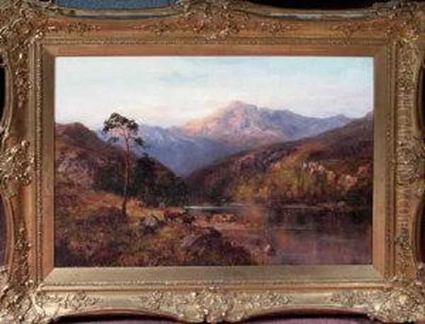 A View In The Highlands With Cattle Watering At A Riverbank - view 1