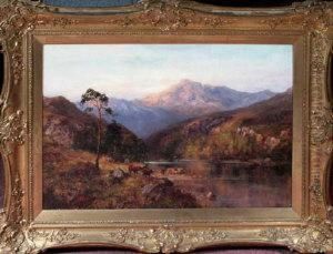 A View In The Highlands With Cattle Watering At A Riverbank by John Falconar Slater
