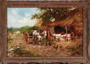 A Farmer Leading A Cart Horse Past A Cow Byer