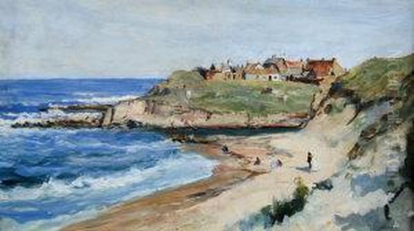 Figures On The Shore With A Village And Cliffs Inthe Distance - view 1