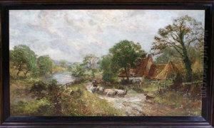 A River Landscape With A Shepherd Driving His Flock Past A Farmhouse by John Falconar Slater
