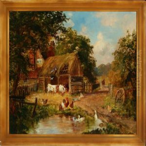Idyllic Farm Scenery With Animals By A Pond