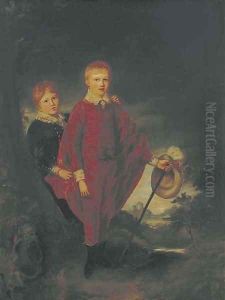 A double portrait of two boys, small full-length, in Van Dyck dress by English School