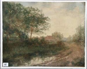 A Country Road Crossing A Small Bridge With Farm Buildings In The Distance - Gouache by John Falconar Slater