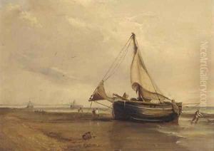 A fishing boat on the shore, Brighton Chain Pier beyond