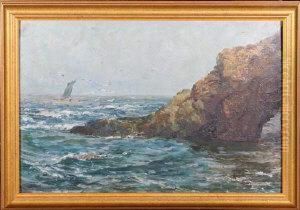 A Sailing Coble Off A Rocky Shore.