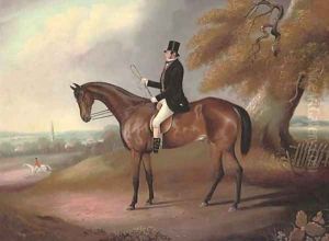 A gentleman and his hunter, a church spire beyond, in an extensive landscape by English School